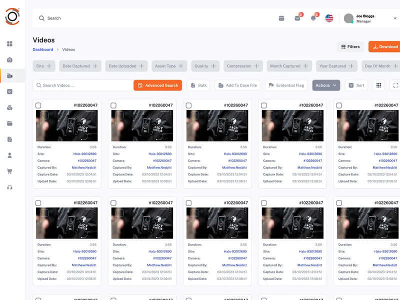 The HALOS Vault video library, where footage is searched and added to case files